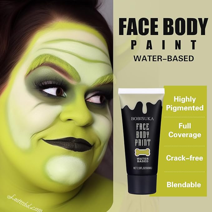 BOBISUKA Ogre Green Face Body Paint, Water Based Face Painting for Art Theater Halloween Party Cosplay Clown SFX Makeup for Women Adults, Non-Toxic Washable