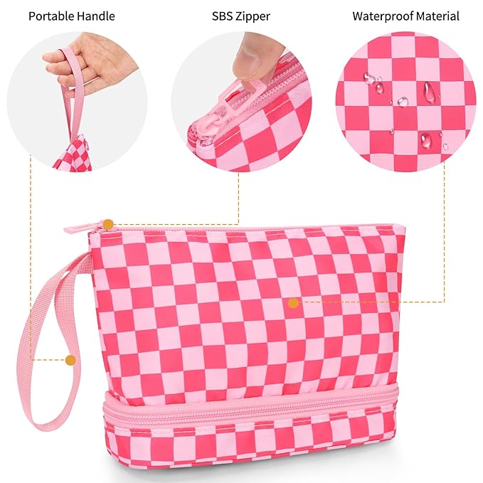 Ethereal Small Travel Makeup Bag, Checker Pink Make up Organizer Bag with Makeup Brush Holder, Portable Cosmetic Bag for Women/Girls