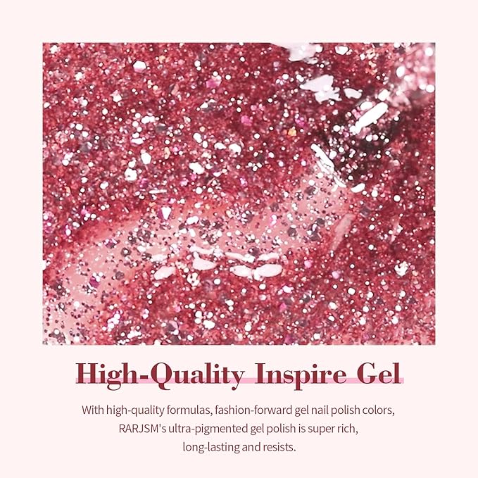 RARJSM Rose Glitter Gel Nail Polish Big Flakes Diamond Sparkly Chunky Rose Pink Shimmer Pigments Nail Gel Polish Soak off L e d U V Curing Required for Nail Art Salon Fall Winter Christmas Manicure