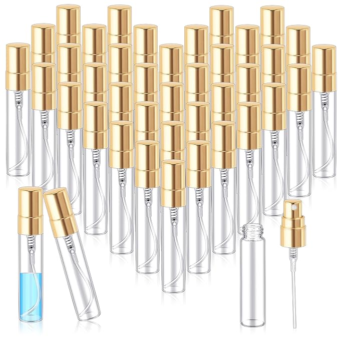 Zhehao 50 Pcs Mini Spray Bottles 5 ml Clear Glass Perfume Bottles Refillable Fine Mist Perfume Atomizer Portable Empty Sample Containers for Cleaning, Essential Oils, Travel (Gold Cap)