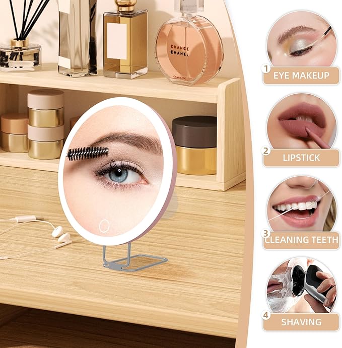 20X Magnifying Mirror with Lights, 6'' Makeup Magnified Mirror 20X High Magnification with Suction Cups & Table Stand, Rechargeable Travel Magnification with Tweezers and Scissors Set