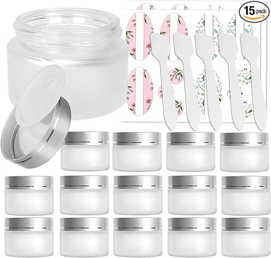 15 Pack, 1 oz 30ml Matte Clear Glass Jars with Silver Lids & Inner Liners, Empty Round Refillable Cosmetic Containers Travel Jars for Cosmetics, Body Butter,Scrubs,Face Cream Lotion,and More
