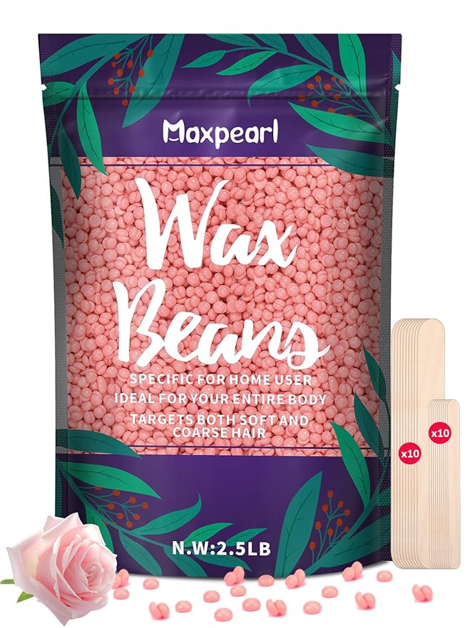 Maxpearl 2.5LB Hard Wax Beads for Hair Removal, Natural Rose Formula - Brazilian Waxing, Sensitive Skin, Face, Underarms, Legs, Back, Chest and More, with 20 Applicators, Pink