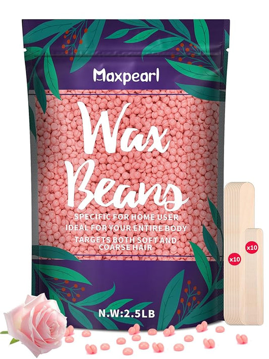 Maxpearl 2.5LB Hard Wax Beads for Hair Removal, Natural Rose Formula - Brazilian Waxing, Sensitive Skin, Face, Underarms, Legs, Back, Chest and More, with 20 Applicators, Pink