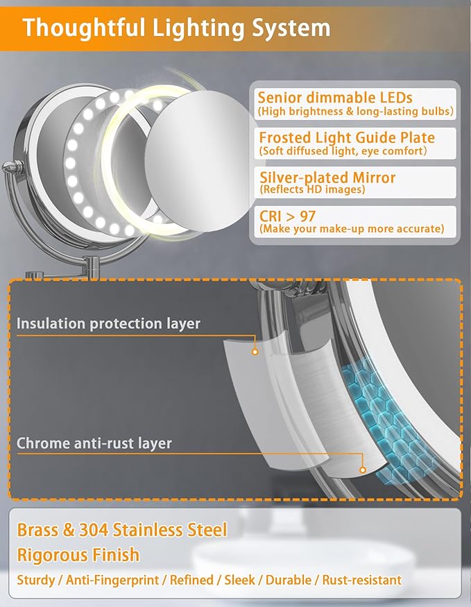 Wall Mounted Lighted Makeup Mirror with Magnification 5X, Rechargeable Magnifying Shaving Cosmetic Mirror with Extendable Swing Arm for Bathroom, Touch Stepless Dimming, Chrome