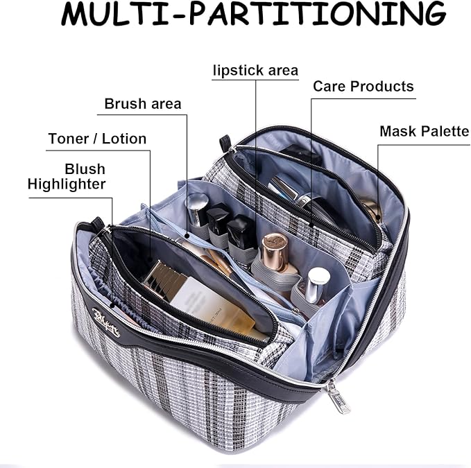 Travel Makeup Bag for Women: Large Capacity Open Flat Make up Bag Set of 3 - Vegan Leather Cosmetic Bag with Compartments - Waterproof Toiletry Bag with Handle & Divider(Black)