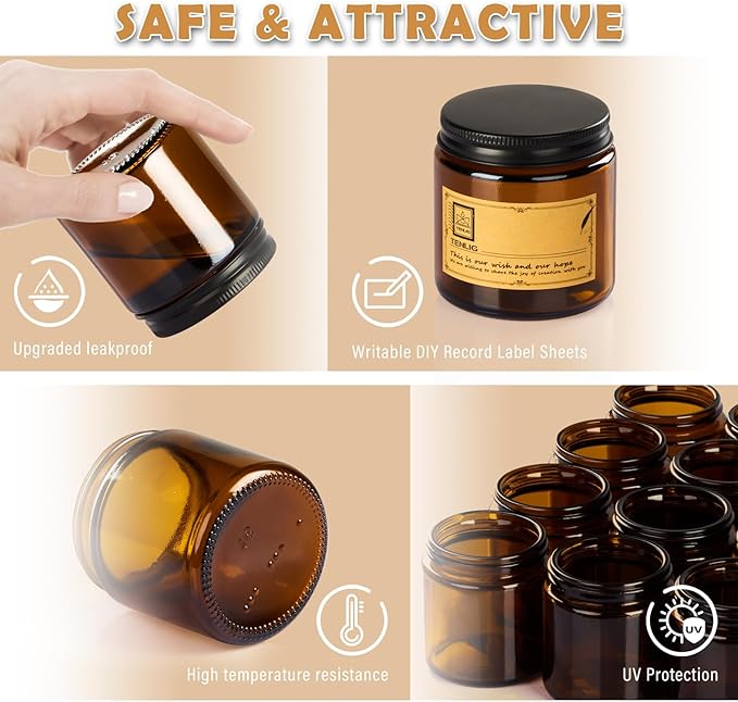 4 oz Glass Jars with Lids,Amber,12 Pack Empty Cosmetic Containers with Inner lids and Inner Liners,Black Metal Lids,Refillable Round Airtight Jars,Use to store Lotion,Powders,Candle Making