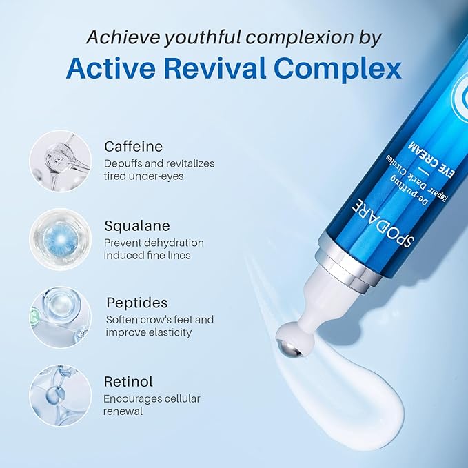 Caffeine Eye Cream, Under Eye Cream for Dark Circles, Puffiness & Puffy Bags, Wrinkles Fine Lines, Eye Roller Serum with 360° Massage Ball for Women and Men - 0.7 fl. oz