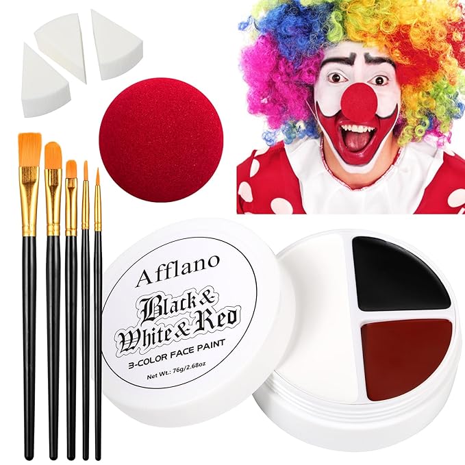 Afflano Red Black White Face Paint Halloween Clown Makeup Kit, Black and White Body Paint with Sponges Brushes, Washable Red Face Painting for Joker Pennywise Zombie Vampire Cosplay Theater SFX Makeup