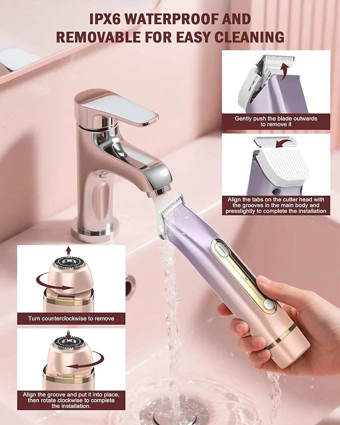 Bikini Trimmer for Women - 2 in 1 Dual Head Bikini Shaver, Painless Electric Razors for Silk Skin, Ceramic Blade, Waterproof Wet & Dry Use Body Hair Removal for Trip（Purple）