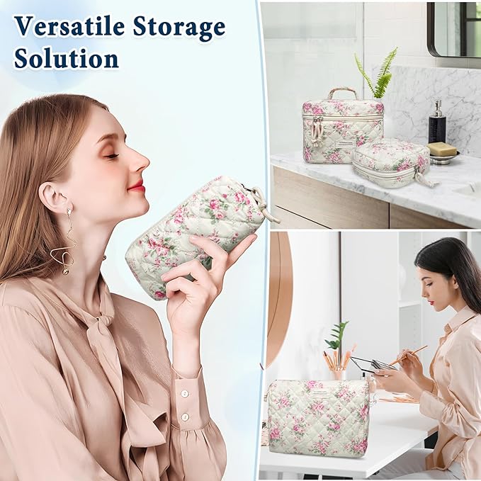 VIWIME Makeup Cosmetic Bag, Large Cotton Quilted Travel Coquette Aesthetic Cute Floral Make up Bag for Women Toiletry Bag Organizer (PinkFlower4Pcs)
