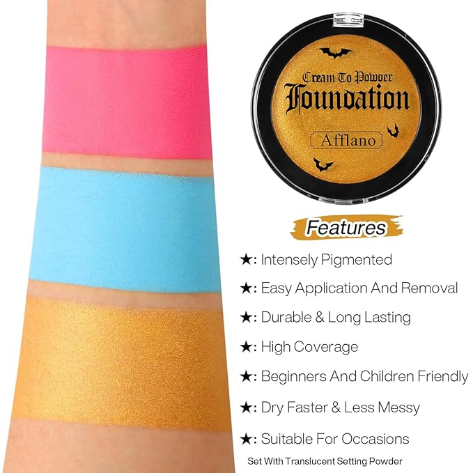 Gold Face Body Paint, Highly Pigmented Cream to Powder Metallic Gold Face Painting for Kids & Adults, Pro Non Toxic Shimmer Fine Powder & Highlighter Makeup for Halloween Cosplay, Art, Theater, Stage