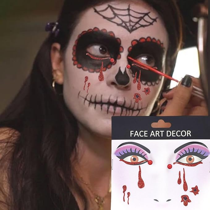 3 Pcs Halloween Face Stickers for Women, Day of the Dead Rhinestone Face Jewels Terrible Bloodstain and Spider Webs Face Gems Jewels,Glitter Face Tattoo Stickers for Halloween Rave Party Cosplay