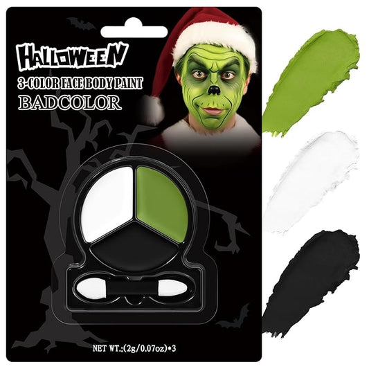Black White Ogre Green Face Body Paint with Applicator, Oil Based Face Painting Kit for Halloween Green Monster, Frankenstein, Alien, Evil Creature Makeup, SFX Cosplay, Costume Parties, Dress Up