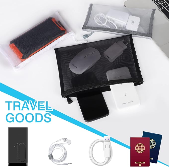 12 Pieces Zipper Nylon Mesh Pouch, Mesh Cosmetic Bags Makeup Bags Pencil Case, Multipurpose Travel Bags for Cosmetic School Office Supplies and Travel Accessories (Black, A5+B6)