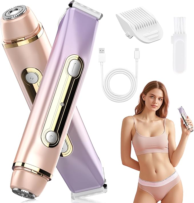 Bikini Trimmer for Women - 2 in 1 Dual Head Bikini Shaver, Painless Electric Razors for Silk Skin, Ceramic Blade, Waterproof Wet & Dry Use Body Hair Removal for Trip（Purple）