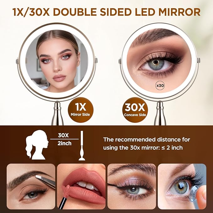 Makeup Mirror with Lighted, 30x Magnifying Mirror with 3 Lights Colors, Vanity Mirror Brushed Nickel - 360° Rotation, Brightness Adjustable Magnification, Modern Style Side Touch + Side Charge