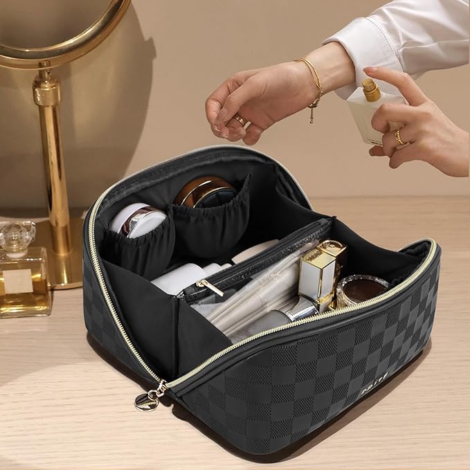 Prite Makeup Bag for Women Travel Waterproof Vegan Leather Cosmetic Bag Open Flat Toiletry Bag With Clear Divider and Handle (Plaid Black)
