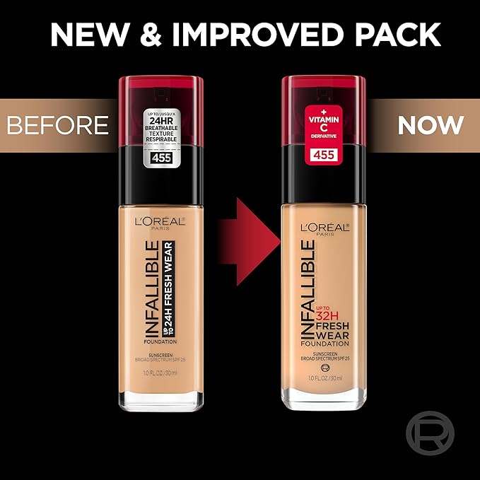 L'Oreal Paris Makeup Infallible Up to 32 Hour Fresh Wear Lightweight Foundation, 475 Sun Beige, 1 Fl Oz, Packaging May Vary