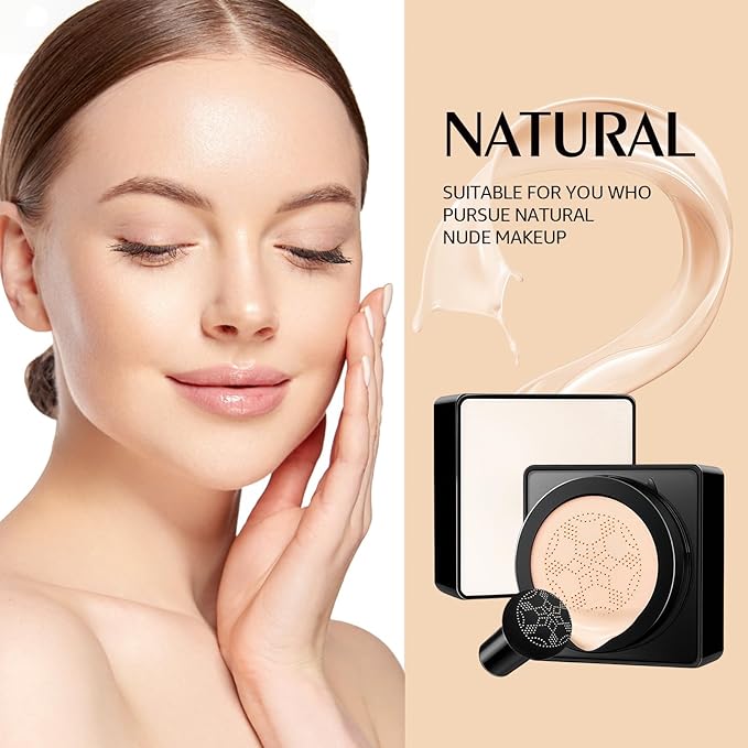 Air Cushion CC Cream - Long-Lasting Brightening Mushroom Head BB Cream Foundation for Face Makeup, Moisturizing Full Coverage Self Adjusting Concealer for Even Skin Tone (Natural, 1 PCS)
