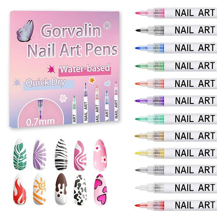 Gorvalin 12 Colors Nail Art Pens, 3D Quick Dry Nail Point Graffiti Dotting Liner Pen Sets Nail Art Painted Pen Drawing Nail Design Kit for Nail DIY Decoration Valentine Gift