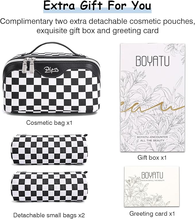 BOYATU Travel Makeup Bag Cosmetic Bags for Women: Large Make up Bags Set of 3 - Portable Makeup Organizer with Compartments&Handle&Divider - Waterproof PU Leather Toiletry Bag(Checkered Mix Black)