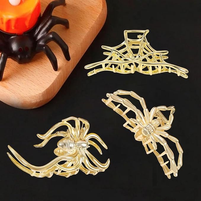 3 Pcs Halloween Claw Clips for Women, Gothic Hair Claws Metal Spider Big Jaw Clamps Hair Accessories for thick Hair Styling Tool Holiday Gifts(Golden)