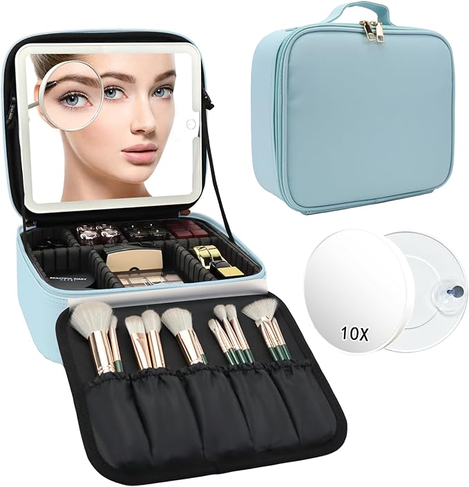 Travel Makeup Bag with LED Mirror and 10x magnifying glass with 3 Lighted Settings, Adjustable Dividers and Makeup Brush Storage Bag Light Blue