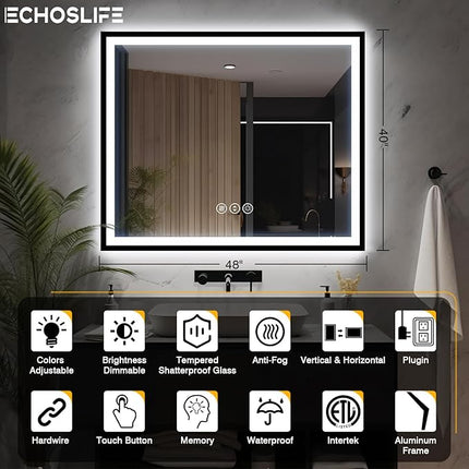 48x40 LED Lighted Bathroom Mirror - Black Aluminum Framed (Front and Backlit), Anti-Fog Bathroom Mirror with Lights,Stepless Dimmable LED Mirror,3 Colors Smart Mirror(Horizontal/Vertical)