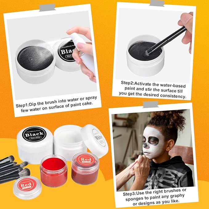 13PCS Clown Makeup Kit, Black + White + Red + Dark Red Face Body Paint Set with 6 Painting Brushes & 3 Sponge,Halloween Oil Based Body Paint for Adults Joker Zombie Vampire Skeleton Costume SFX Makeup