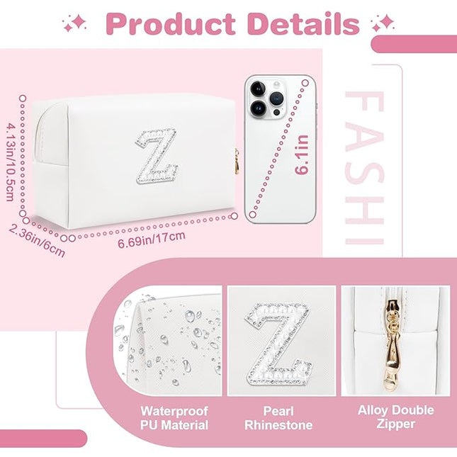 Bride Gifts – Personalized Initial Makeup Bag with Pearl Rhinestone Patch, Preppy White Monogram Cosmetic/Toiletry Pouch, bridesmaid Gifts, Bridal Shower Gifts, Wedding Gifts, Bridal Gifts,Z