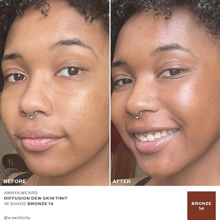 MAKE Beauty Diffusion Dew Skin Tint. Sheer to Medium Coverage Radiant Finish. Blurring, Smoothing, and Brightening for Glowing Complexion. Enhanced with Niacinamide and Adenosine. Bronze 14