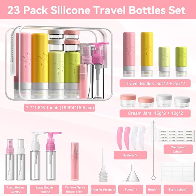 23 Pack Travel Bottles for Toiletries, TSA Approved Travel Shampoo Bottles, Silicone Travel Containers for Toiletries, Leak Proof Refillable Travel Essentials for Liquids Shampoo and Conditioner