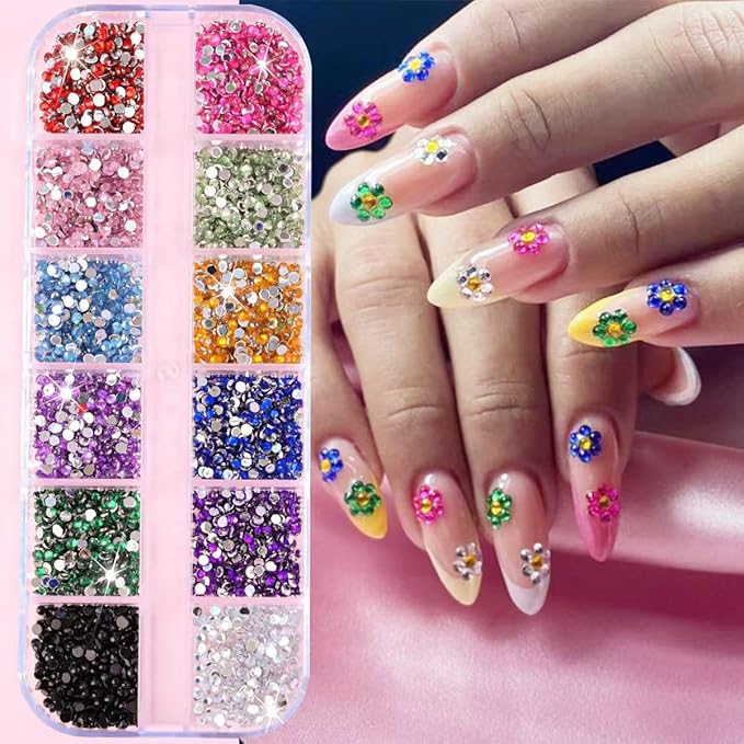 24Grid Shiny Colorful Nail Art Rhinestones 3D Flatback Rhinestones Pearl Nail Charms and Crystals Gems Nail Accessories for Acrylic Nail Tips Manicure Decor