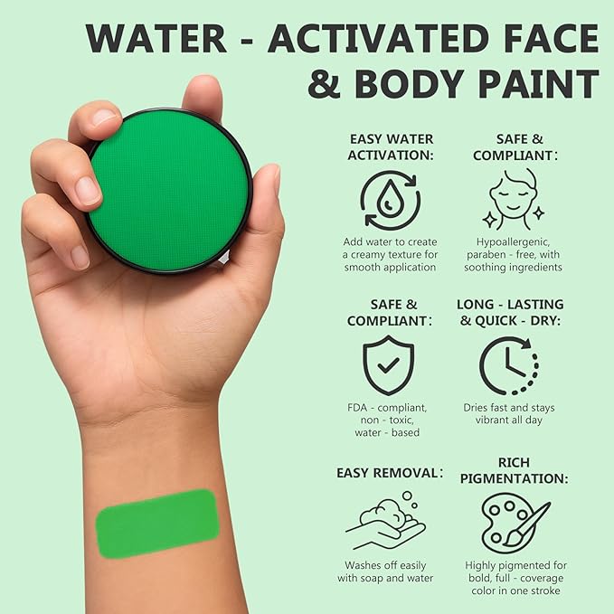 Face Body Paint Kit for Kids & Adults, Non-Toxic Water-Based Professional Face Painting Palette with Brushes for Halloween Goth Vampire SFX Makeup, Art Stage Cosplay Parties, Fluorescent Green