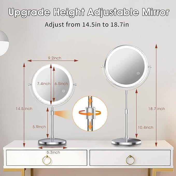 MILPROX 8 Inch Makeup Mirror with 10X Magnification & 3 Color Lights, Adjustable Brightness & Height, Rechargeable Double Sided 1X 10X Magnifying Mirror, Lighted Makeup Mirror Touch Sensor - Silver