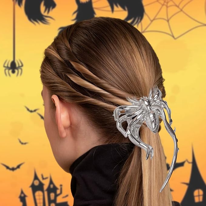 3 Pcs Halloween Claw Clips for Women, Gothic Hair Claws Silver Metal Spider Big Jaw Clamps Hair Accessories for thick Hair Styling Tool Holiday Gifts(Silver)