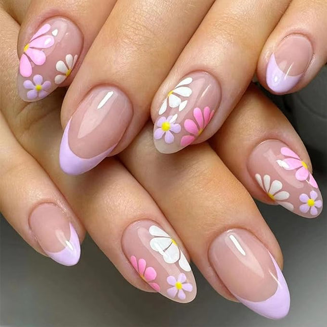 Flower Press On Nails - Short Almond French Tip Colorful Flowers Acrylic Nude Pink Full Cover Glue On Floral False Nails for Women Girls - 24 Pcs
