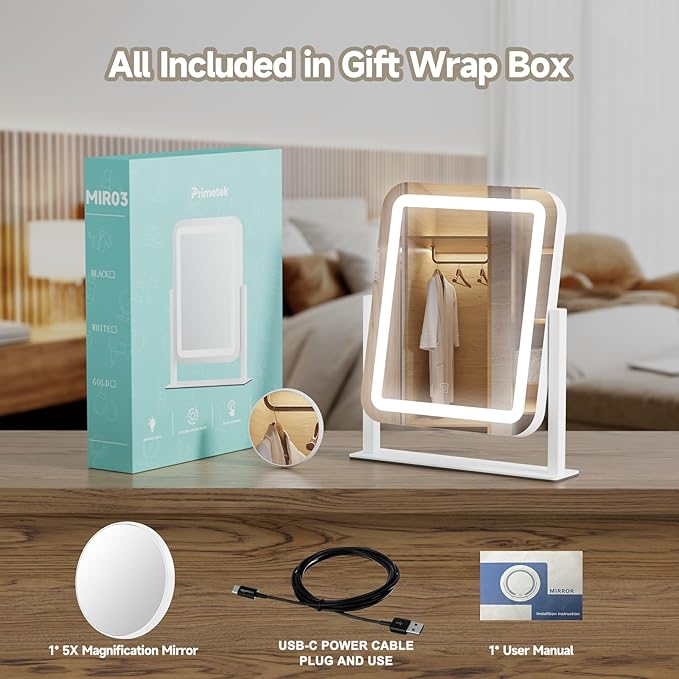 PRIMETEK Vanity Mirror with Lights, 16"x14" Large LED Lighted Makeup Mirror, Hollywood Makeup Mirror, Touch Screen, 3-Color Lighting, 5X Magnification, for Vanity Desk Tabletop, Bedroom, White