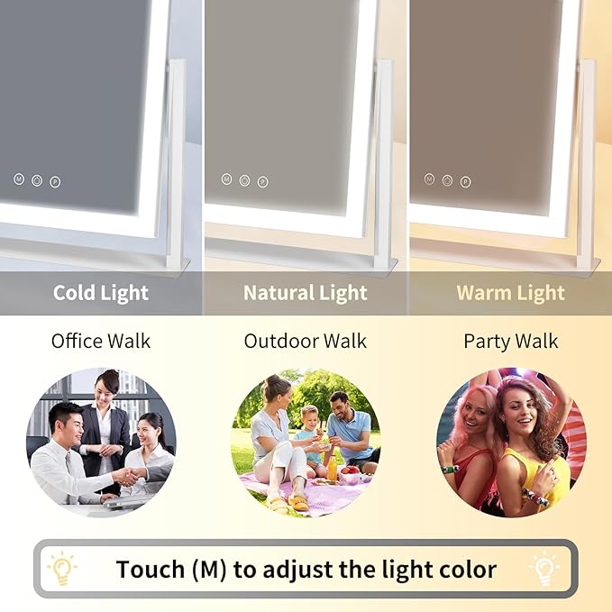 Vanity Mirror with Lights, Three Colors Lighting Mode, 360°Rotation, Lighted Makeup Mirror wih Stand for Desk, Bedroom, Dorm, 11x14.5 Inch