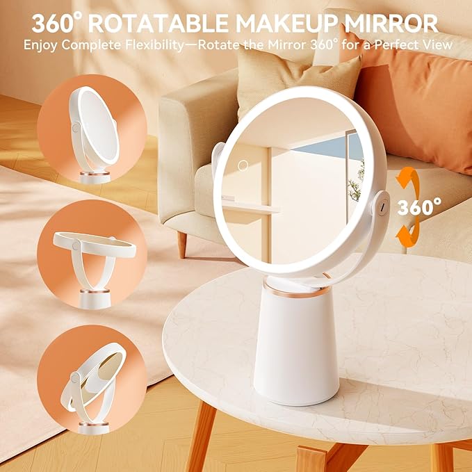 Makeup Mirror with Lights, Double Sided 30X/1X Magnifying Mirror, 3 Color Stepless Dimmable Mirrors with Touch Screen, 2000 mAh Rechargeable 360° Free Standing Vanity Mirrors for Women