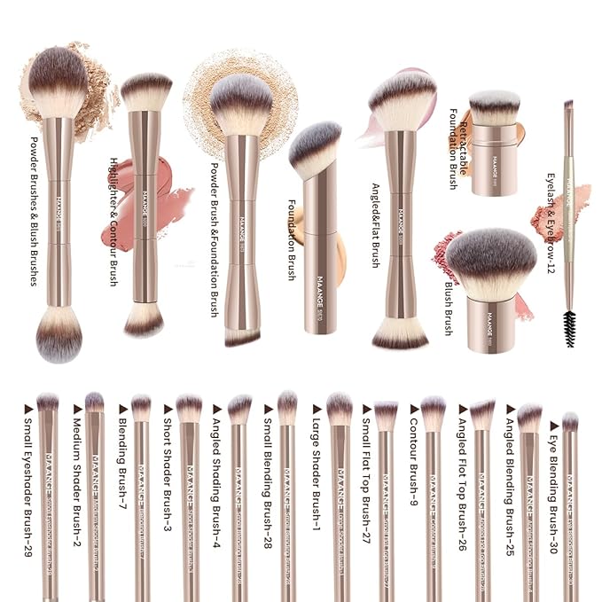 MAANGE 20 PCS Makeup Brush Set with Bag, Double-ended Kabuki Brush Foundation Contour Brush for Liquid Powder Concealer Eye Shadows Cream Cosmetics Blending Blush Face Makeup Tools with Case (Gold)