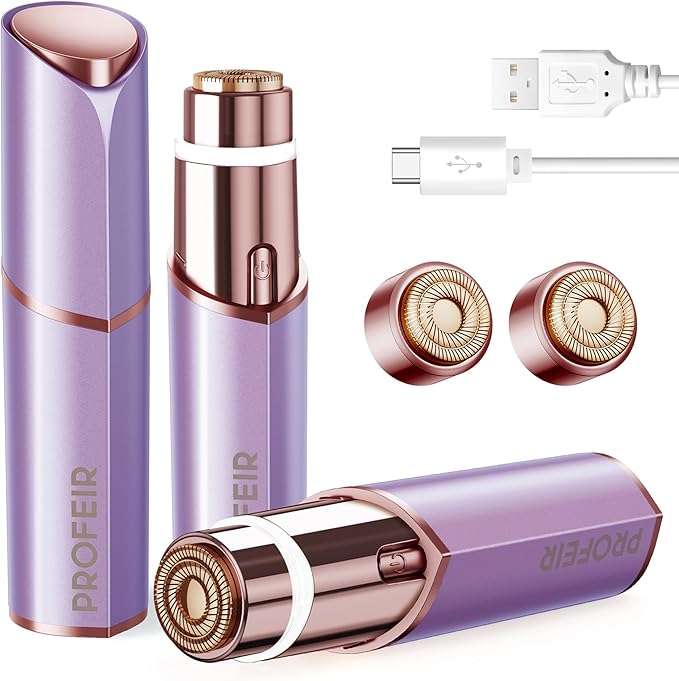 Facial Hair Removal for Women: Electric Razor for Smooth Skin Painless Trimmer Rechargeable Shaver for Upper Lip Peach Fuzz Chin Pocs Hair at Home Travel with 2 Replacement Heads(Purple)