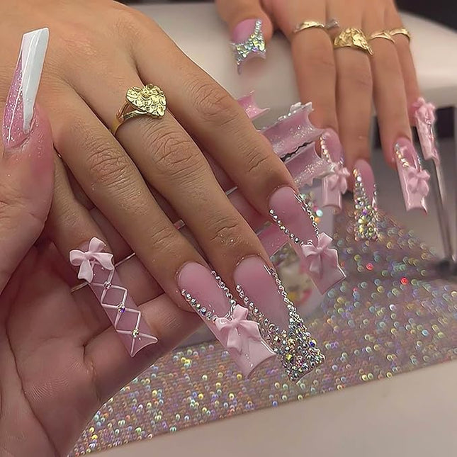 RUOKEXIN Long Square Press on Nails - French Tip False Nails Pink, Bow Rhinestone Designs, 24Pcs