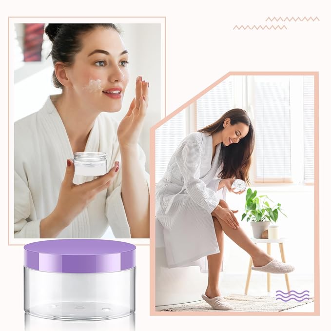 Dandat 24 Pcs 8 oz Plastic Jar Container with Lid and Label Refillable Empty Round Clear with Purple PET Cosmetic Sample Containers for Lotion, Cream, Ointments, Body Butter, Makeup, Travel Storage