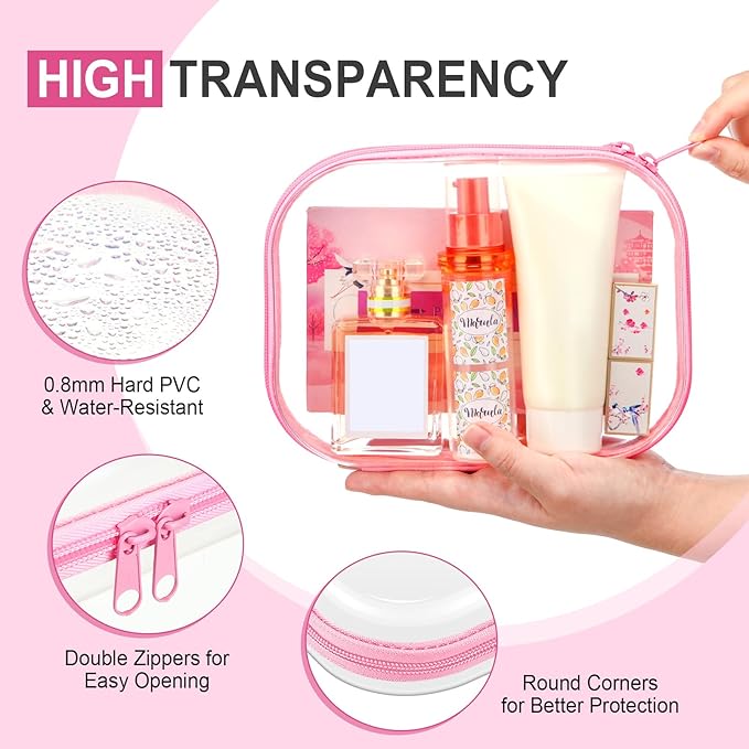 Sanwuta 6 Pcs Clear Hard Zipper Case Pencil Pouches Hard Plastic Zipper Pouches Makeup Bag Transparent Cases for Snacks Plastic Storage Organizer Box for Travel(Pink,7.87 x 5.9 x 2 Inch)