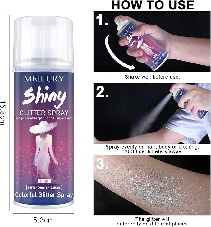 Hair and Body Glitter Spray, Holographic Glitter Highlighter Powder, Hairspray for Clothes, Face Body Shiny Glitter, Loose Shimmer Hairspray Festival Rave Prom Accessories, 4.22 Fl Oz (Pink)