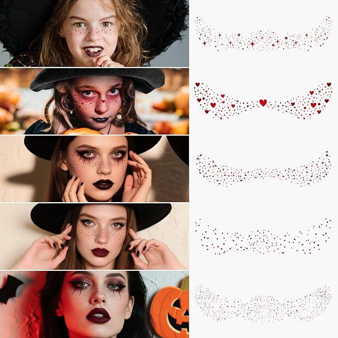 10PCS Halloween Glitter Freckles Face Tattoo, Sparkle Freckles for Women and Kids, Cute Star Waterproof Gold Temporary Face Tattoos Glitter Glow Up Patches (10PCS Red)