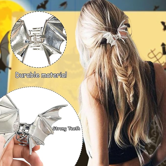 2Pcs Halloween Hair Claw Clips Black and Silver Bat Hair Styling Accessories for Women Girls, Gothic Large Medium Size Catch Clips for thick Hair Holiday Gifts ﻿