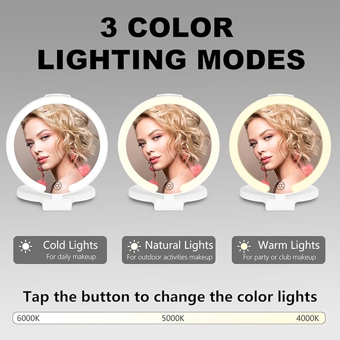 96 LEDs' Folding Rechargeable and 10x Magnification Makeup Mirror with Lights,6.3 Inch Double Sided Portable Travel Mirror with Case for Myopia and Makeup Fanatics Travel Essentials